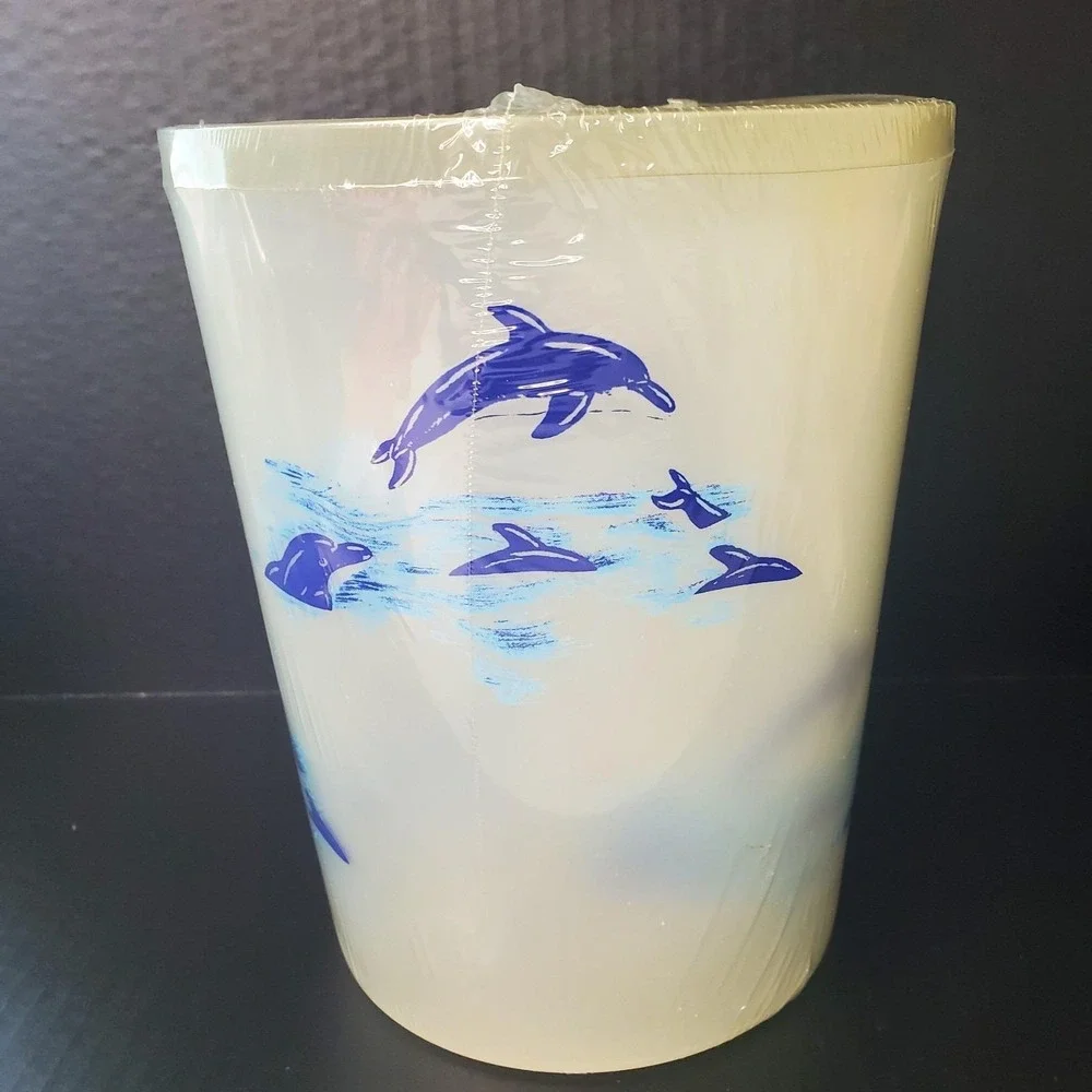 Vtg NOS DOLPHIN Plastic Bathroom Set Trash, Soap Holder, Dispenser, Toilet Brush